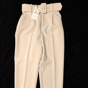 ZARA small cream belted high waist trouser pants